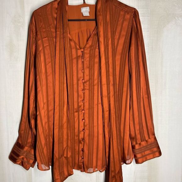 Chico’s rust color blouse‎ button front with scarf, size 2, size 12/14. - Picture 12 of 16